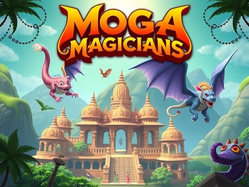 Moga Magicians - The Magical World Moga Magicians game world showing a magical Indian village with temples and mythical creatures